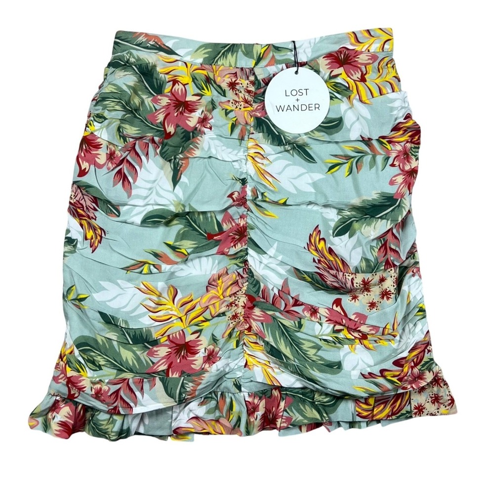 Lost + Wander Off To Makai Mini Skirt Tropical Floral Ruched Ruffle‎ Green Small